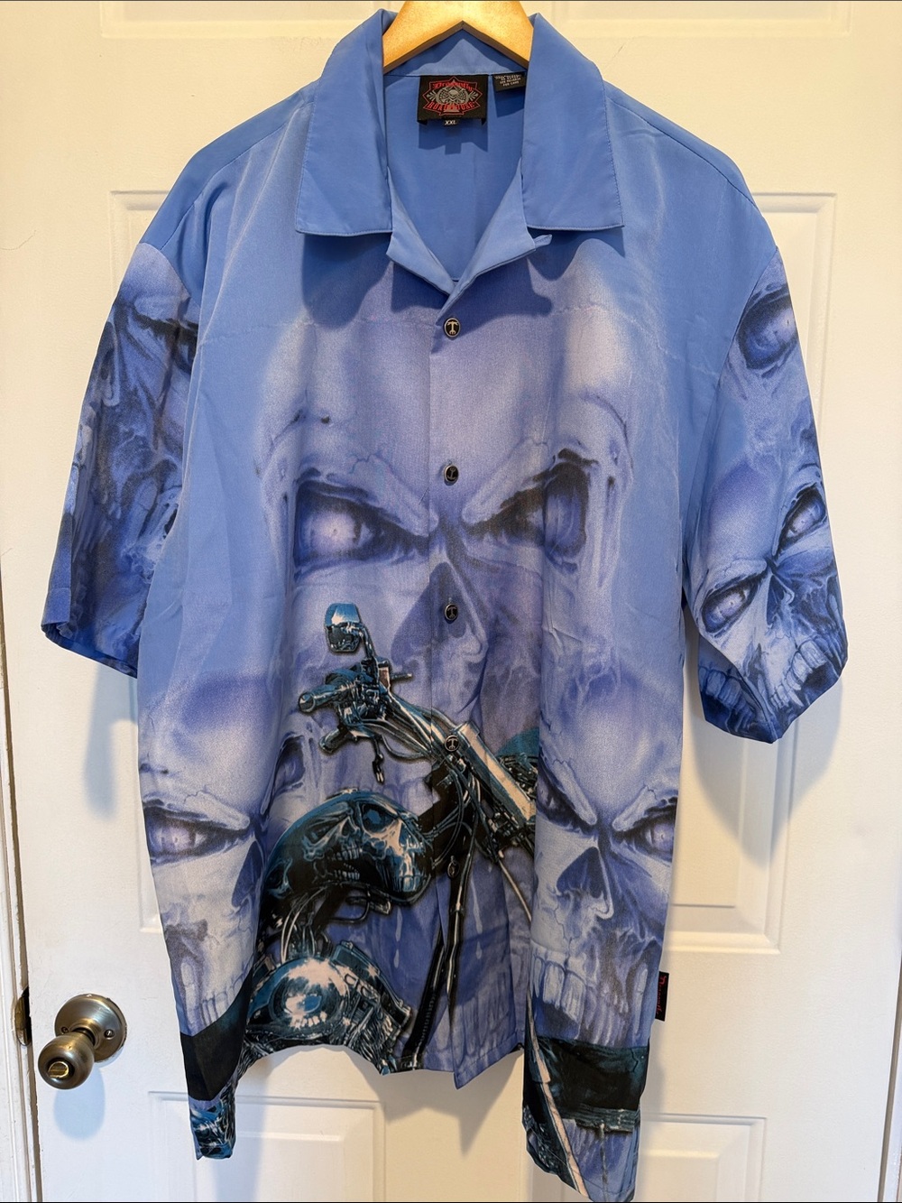Dragonfly Roadhouse Short Sleeve Button Down Shirt with Motorcycle and Skulls